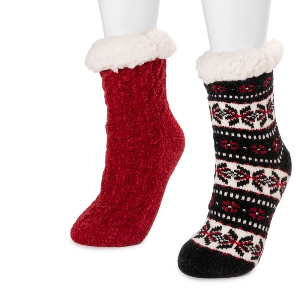2pack Muk Luk chenille faux fur lined textured non slip mid-calf height‎ socks